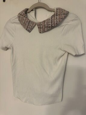 Peter Pan Collar Ribbed Short-Sleeve Top - White with Tweed Collar